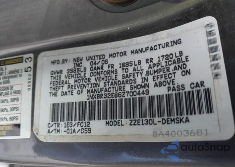 2006 Toyota Corolla S from USA, damaged, VIN 1NXBR32E86Z700449